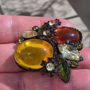 VTG Cabochon Acrylic Flower Rhinestone Japanned Brooch Pin